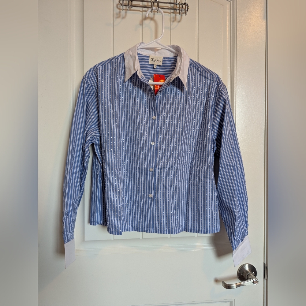 Blue and White Striped Button Down Shirt with Classic Collar